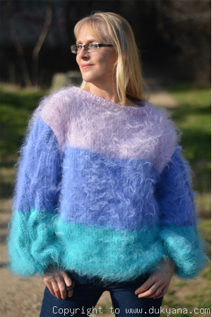 Boatneck striped mohair sweater in aqua,blue and pink