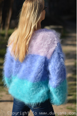 Boatneck striped mohair sweater in aqua,blue and pink