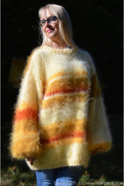 Striped mohair sweater with a crewneck handknit in yellow