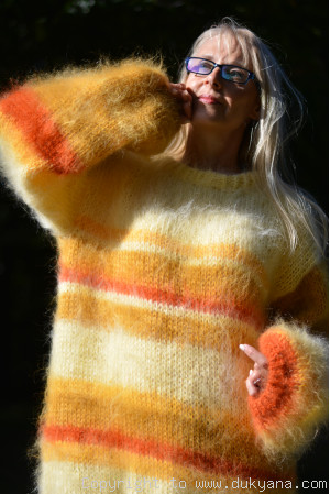 Striped mohair sweater with a crewneck handknit in yellow