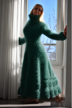 Green mohair flared dress with Turtleneck