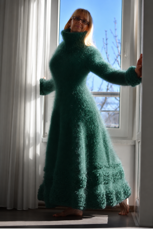 Green mohair flared dress with Turtleneck