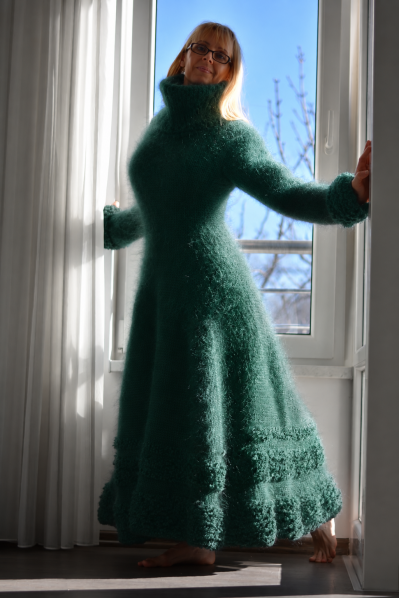 Green mohair flared dress with Turtleneck