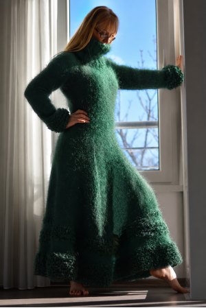 Green mohair flared dress with Turtleneck