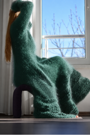Green mohair flared dress with Turtleneck