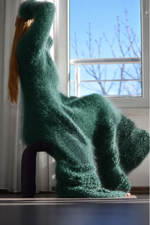 Green mohair flared dress with Turtleneck