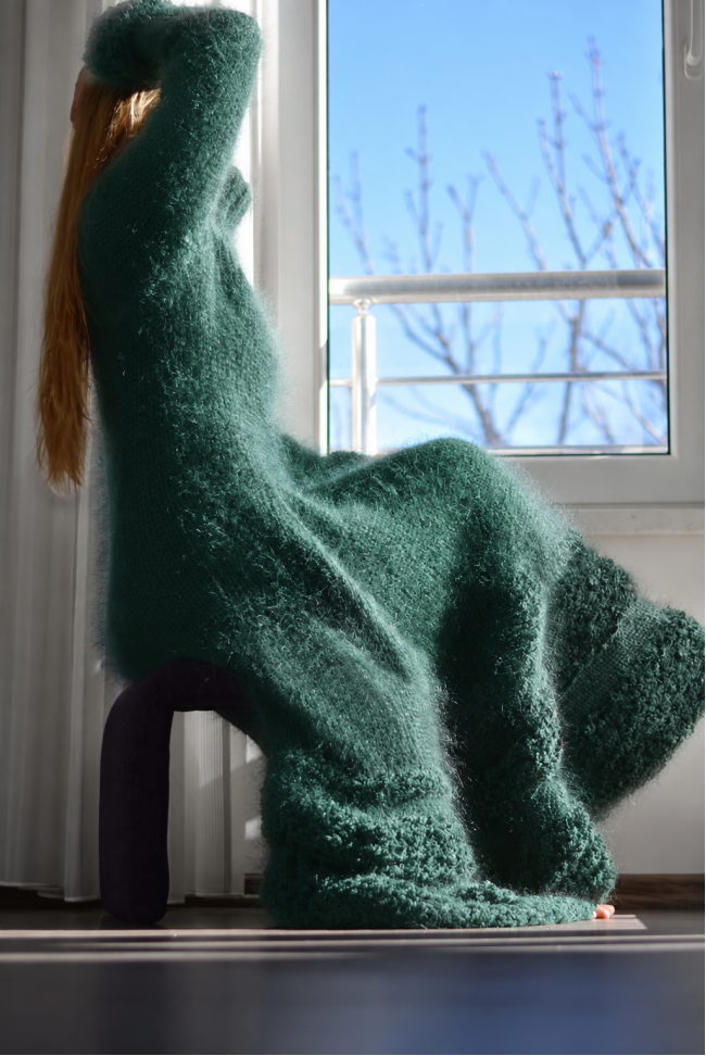 green woolen dress Handknit flared Tneck mohair in green/D102 casual dark green dress