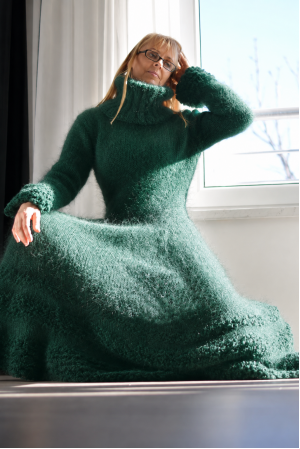 Green mohair flared dress with Turtleneck