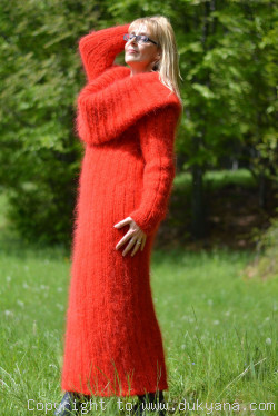 Hand knitted soft and silky huge cowlneck mohair dress in red