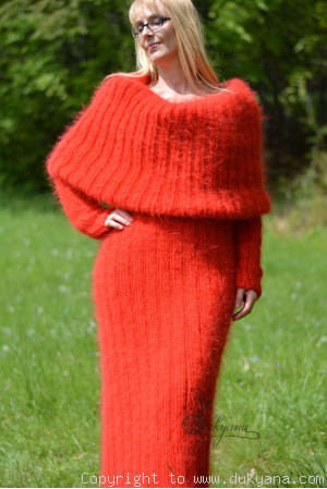 Hand knitted soft and silky huge cowlneck mohair dress in red
