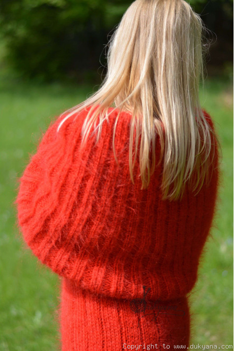 Hand knitted soft and silky huge cowlneck mohair dress in red/D12