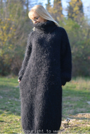 Hand knitted soft and silky T-neck mohair dress in black