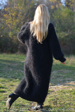 Hand knitted soft and silky T-neck mohair dress in black