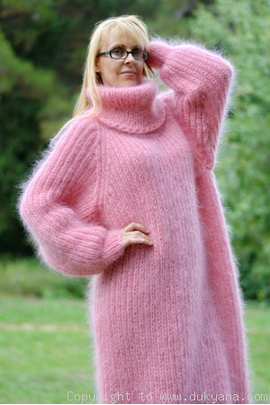 Hand knitted soft and silky T-neck mohair dress in pink