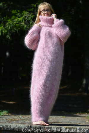 Hand knitted soft and silky T-neck mohair dress in pink