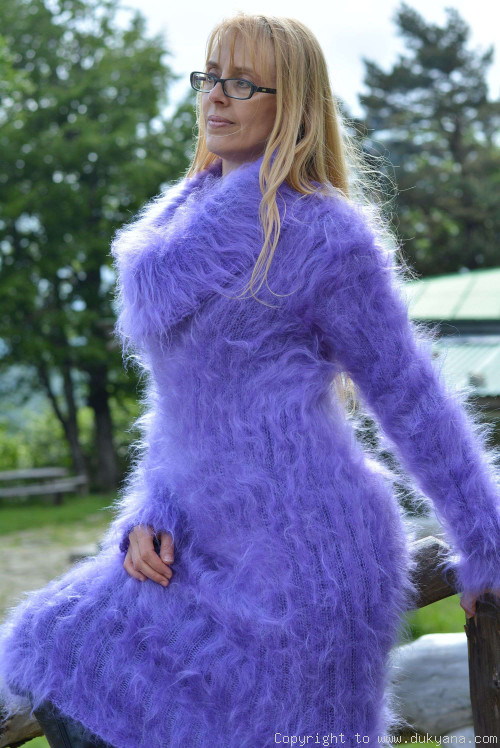 Fuzzy mohair dress with cowlneck in purple