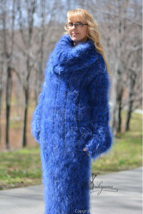 Hand knitted soft and silky huge cowlneck mohair dress in blue/D20