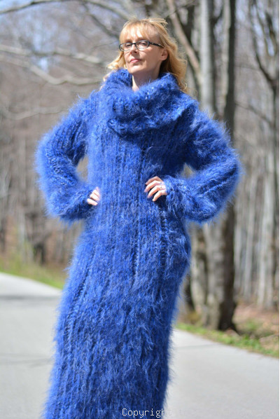 Hand knitted soft and silky huge cowlneck mohair dress in blue