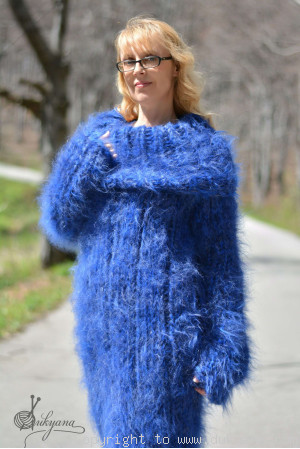 Hand knitted soft and silky huge cowlneck mohair dress in blue