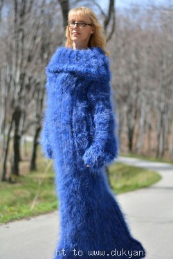 Hand knitted soft and silky huge cowlneck mohair dress in blue
