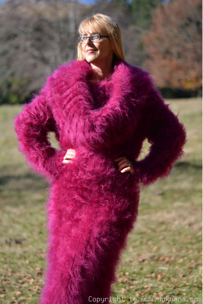 Huge cowlneck soft and fuzzy mohair dress in fuchsia
