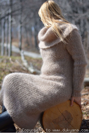 Fuzzy and soft cowlneck off-shoulder mohair dress in beige