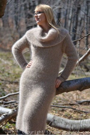 Fuzzy and soft cowlneck off-shoulder mohair dress in beige