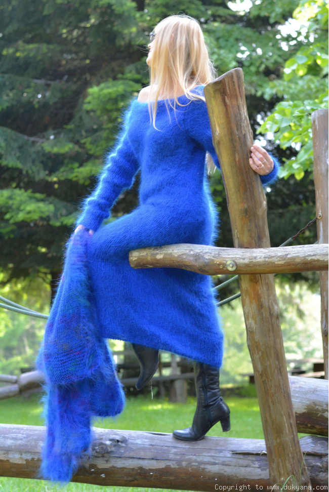 Fuzzy and soft boatneck off-shoulder mohair sweater dress in royal blue/D36