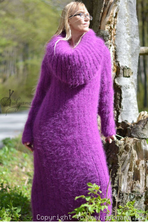 Hand knitted soft and silky huge cowlneck mohair dress in purple