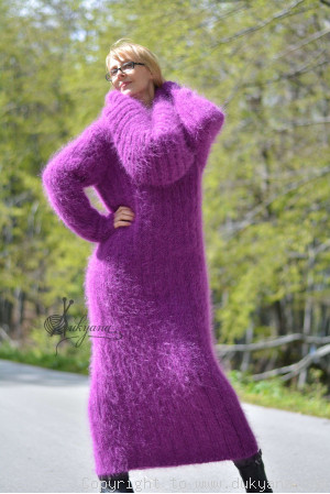Hand knitted soft and silky huge cowlneck mohair dress in purple