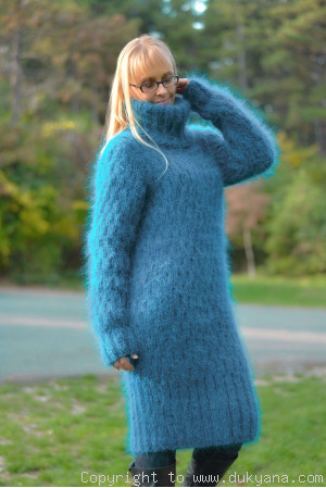 Soft and warm hand knitted T-neck mohair dress in teal