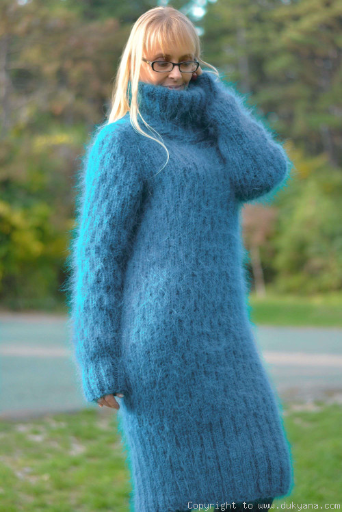 Soft and warm hand knitted T-neck mohair dress in teal