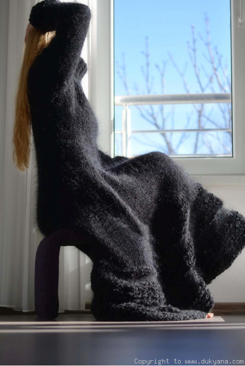 Flared mohair dress hand knitted in black