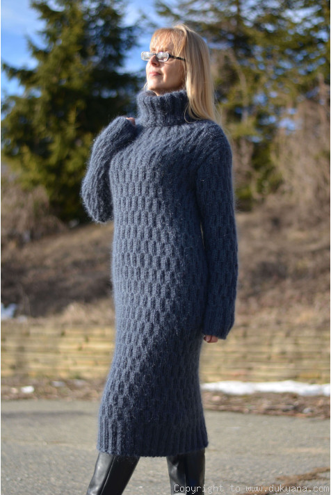 Soft hand knitted T-neck mohair dress in steel gray/D74