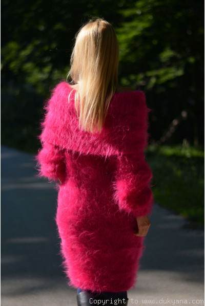 Gorgeous fuzzy cowlneck off-shoulder mohair dress in fuchsia