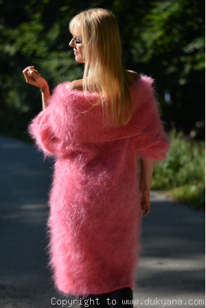 Fuzzy and soft cowlneck off-shoulder mohair dress in candy pink