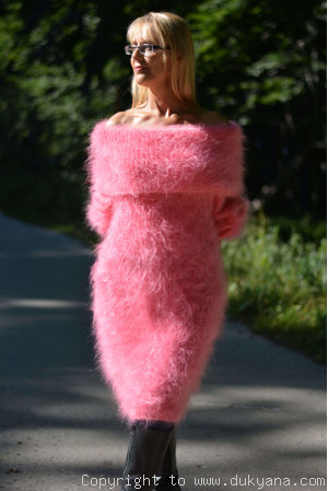 Fuzzy and soft cowlneck off-shoulder mohair dress in candy pink