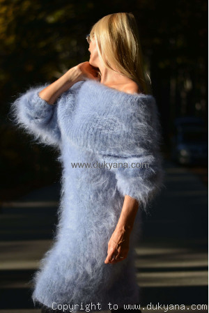 Off-shoulder mohair dress in light blue