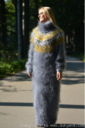 Nordic design full body mohair dress in gray and mustard