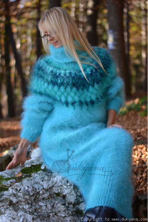 Nordic design full body mohair dress in aqua blue