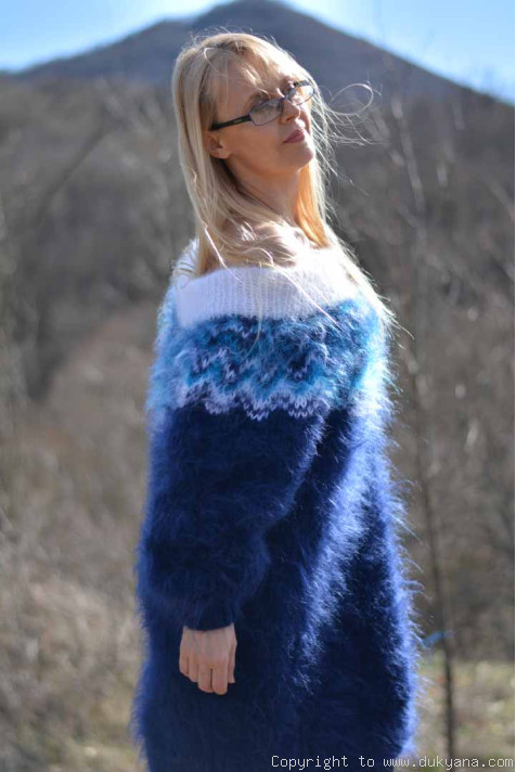 Handknit off-shoulder Fair isle mohair dress in navy/D92