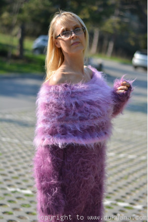 Handknit off-shoulder mohair dress in dusky purple and pink