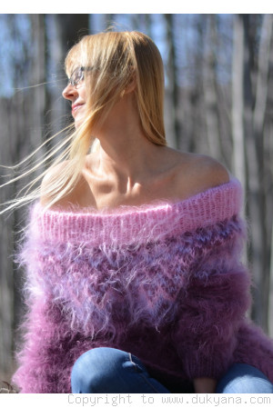 Handknit off-shoulder fuzzy mohair dress in purple