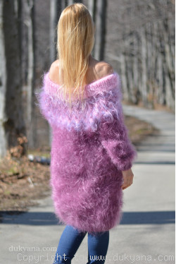 Handknit off-shoulder fuzzy mohair dress in purple