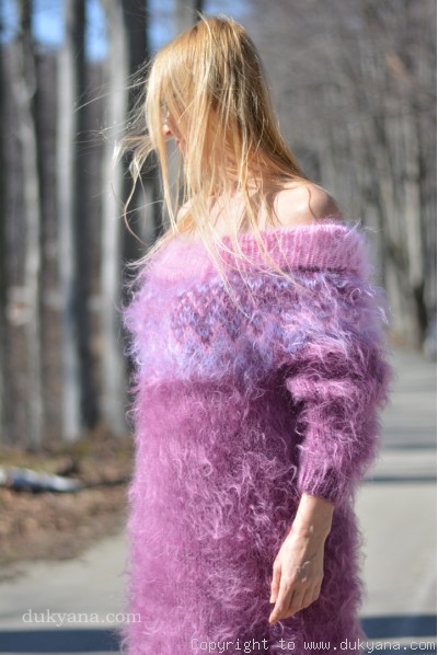 Handknit off-shoulder fuzzy mohair dress in purple