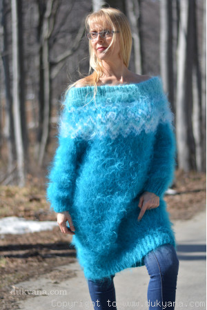 Handknit off-shoulder fuzzy mohair dress in turquoise