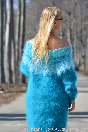Handknit off-shoulder fuzzy mohair dress in turquoise