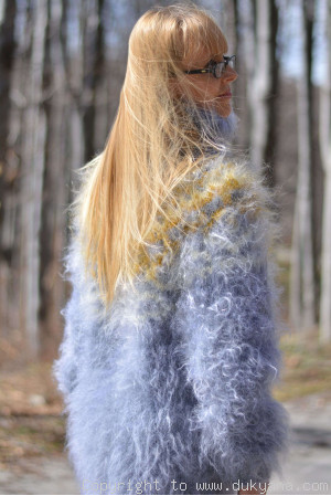 Hand knitted fuzzy Icelandic T-neck mohair sweater in light blue