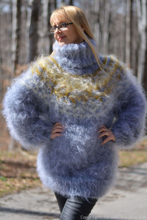 Hand knitted fuzzy Icelandic T-neck mohair sweater in light blue