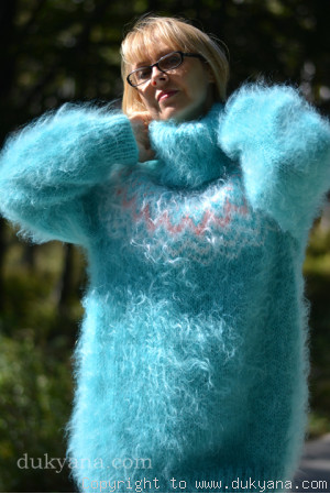 Fuzzy Icelandic T-neck mohair sweater in turquoise blue